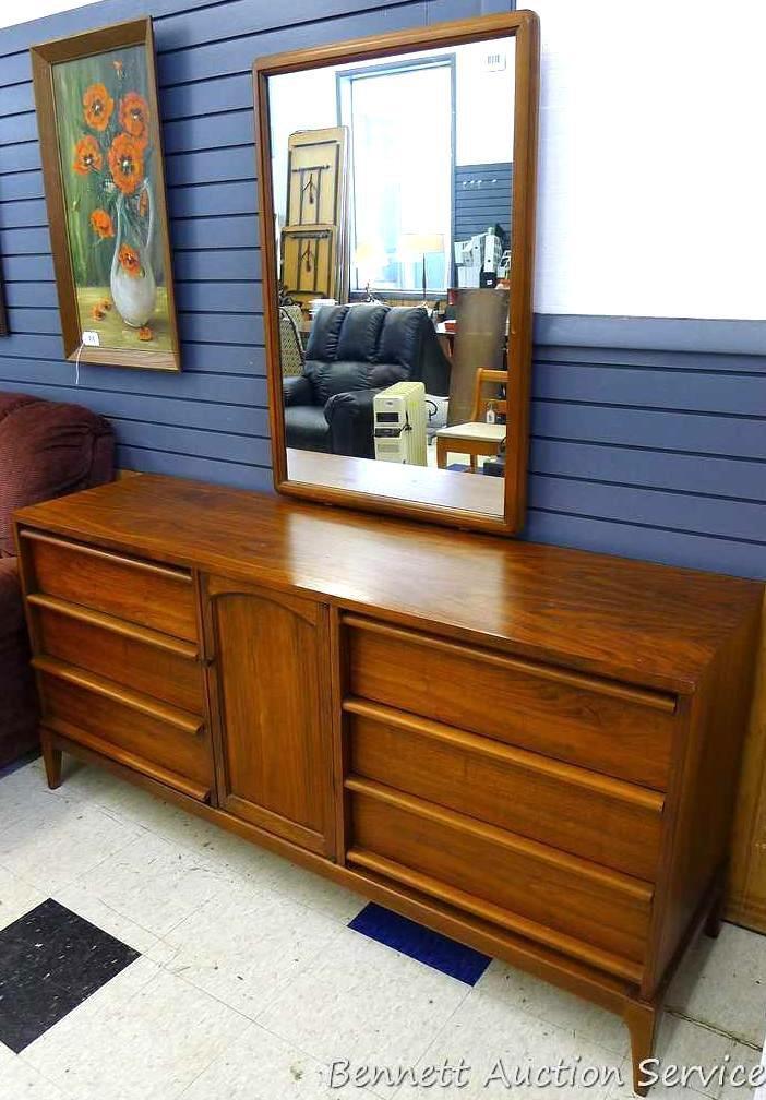 Gorgeous Lane six drawer dresser with mirror and storage cabinet. Approx. 64" l x 18" d x 70" h. All