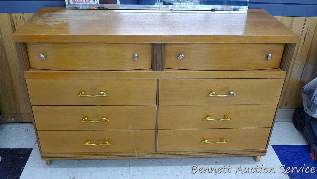 Beautiful vintage six dresser with mirror. Measures approx. 50"l x 18" w x 62" h. Top finish is