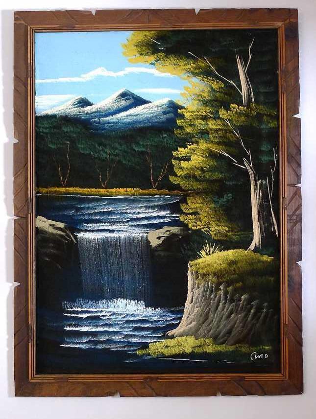 Vintage waterfall scene painted on velvet by Ana. Measures 29" x 39" over frame.