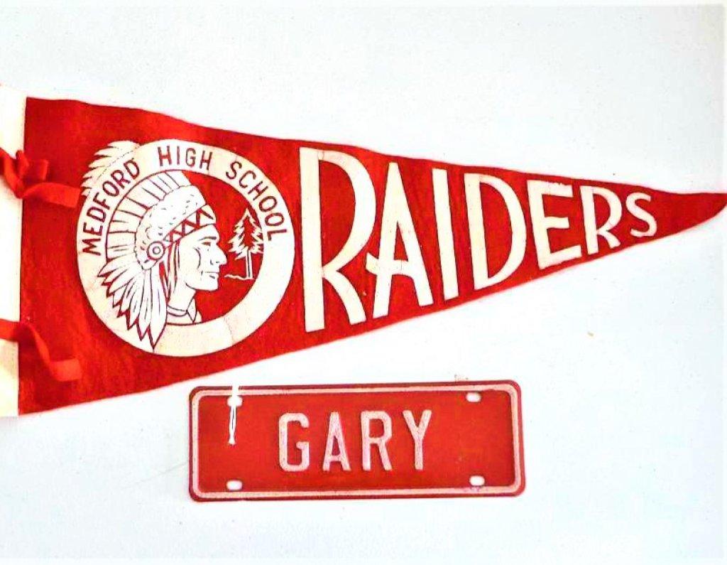 Vintage felt Medford High School Raiders pennant measures 17"; Gary's name plate is metal and