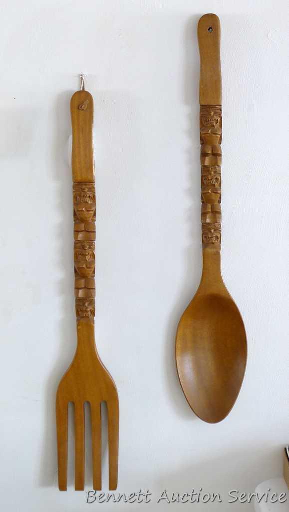 Retro carved fork and spoon are each 28" overall, both marked Made in Philippines.