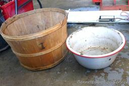 Vintage bushel basket is 18" dia. x 12" tall; and enameled steel planter with drain hole is 14" dia.