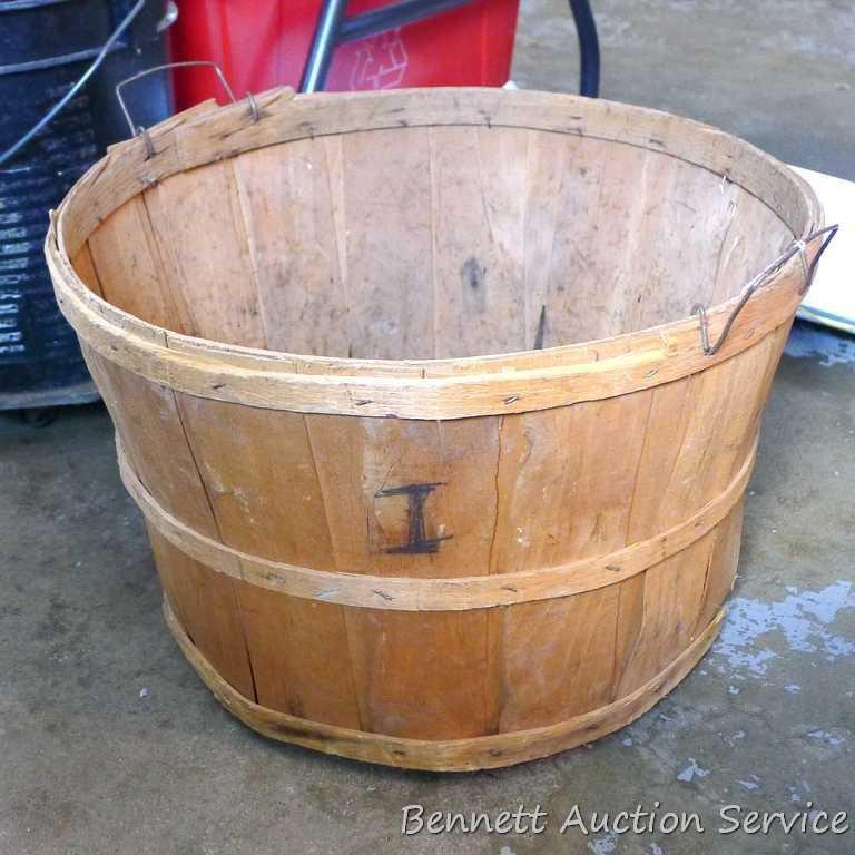 Vintage bushel basket is 18" dia. x 12" tall; and enameled steel planter with drain hole is 14" dia.