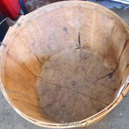 Vintage bushel basket is 18" dia. x 12" tall; and enameled steel planter with drain hole is 14" dia.