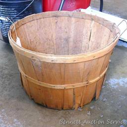 Vintage bushel basket is 18" dia. x 12" tall; and enameled steel planter with drain hole is 14" dia.