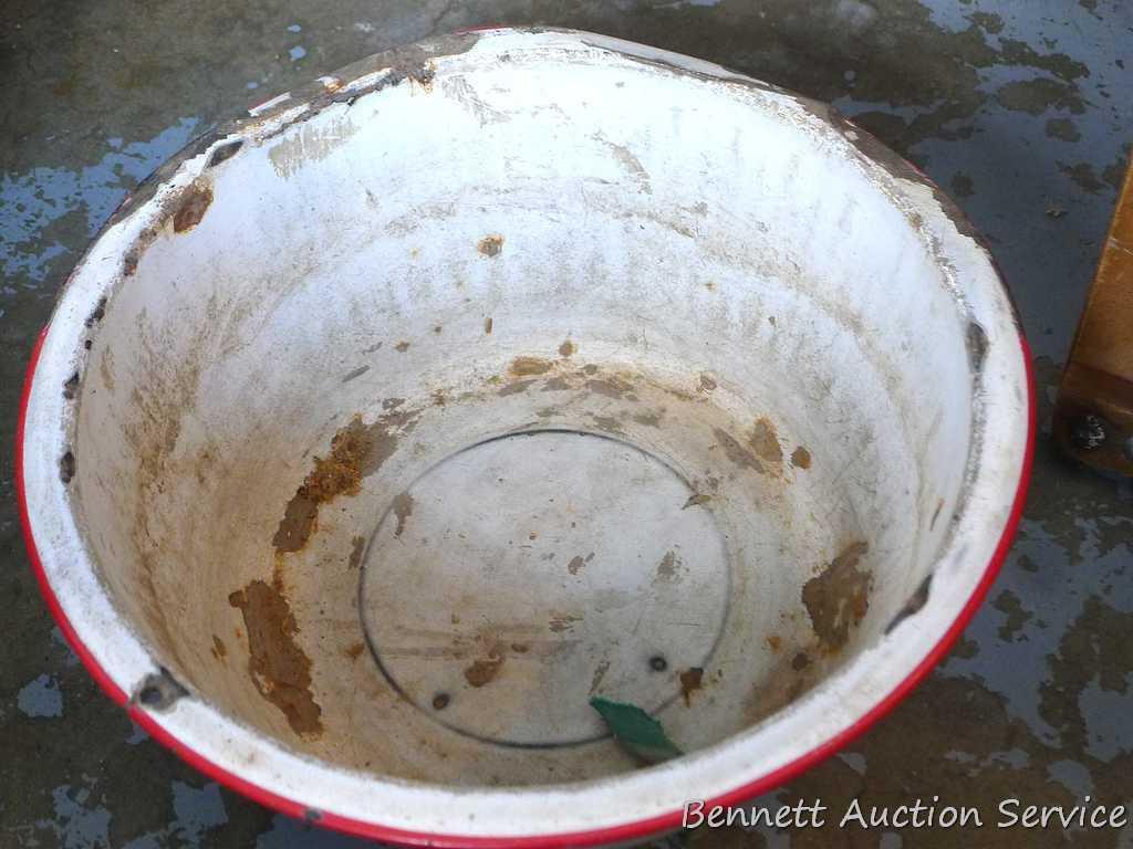 Vintage bushel basket is 18" dia. x 12" tall; and enameled steel planter with drain hole is 14" dia.