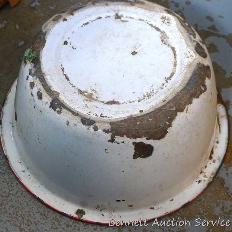 Vintage bushel basket is 18" dia. x 12" tall; and enameled steel planter with drain hole is 14" dia.