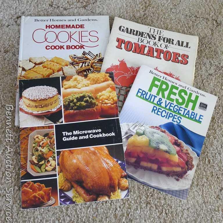 Cookbooks including Not by Bread Alone, cookie cookbooks, Jello, Modern Guide to Pressure Canning &