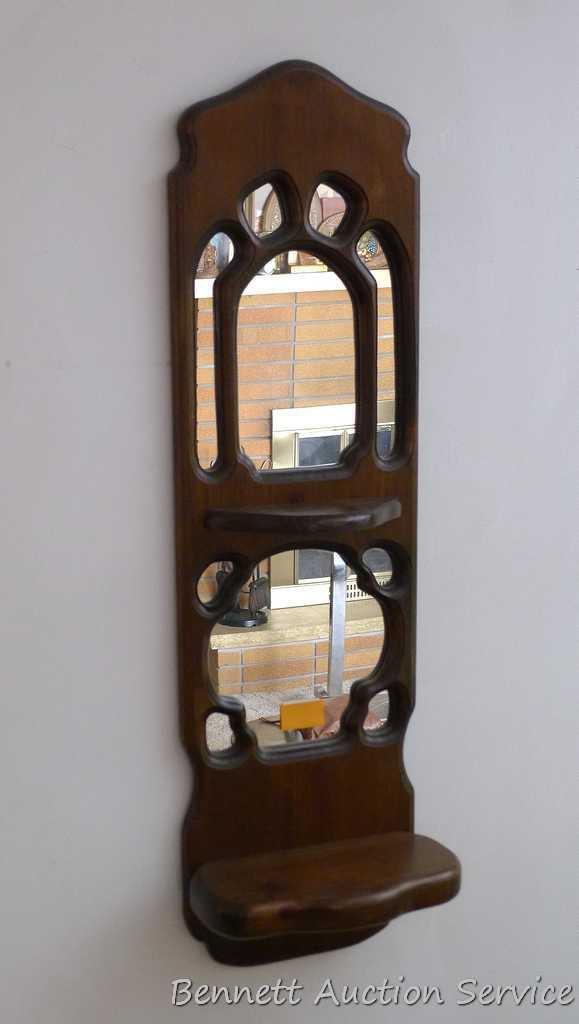 Retro heavy wooden display shelf with mirror is approx. 38" long and 11" at widest. In good