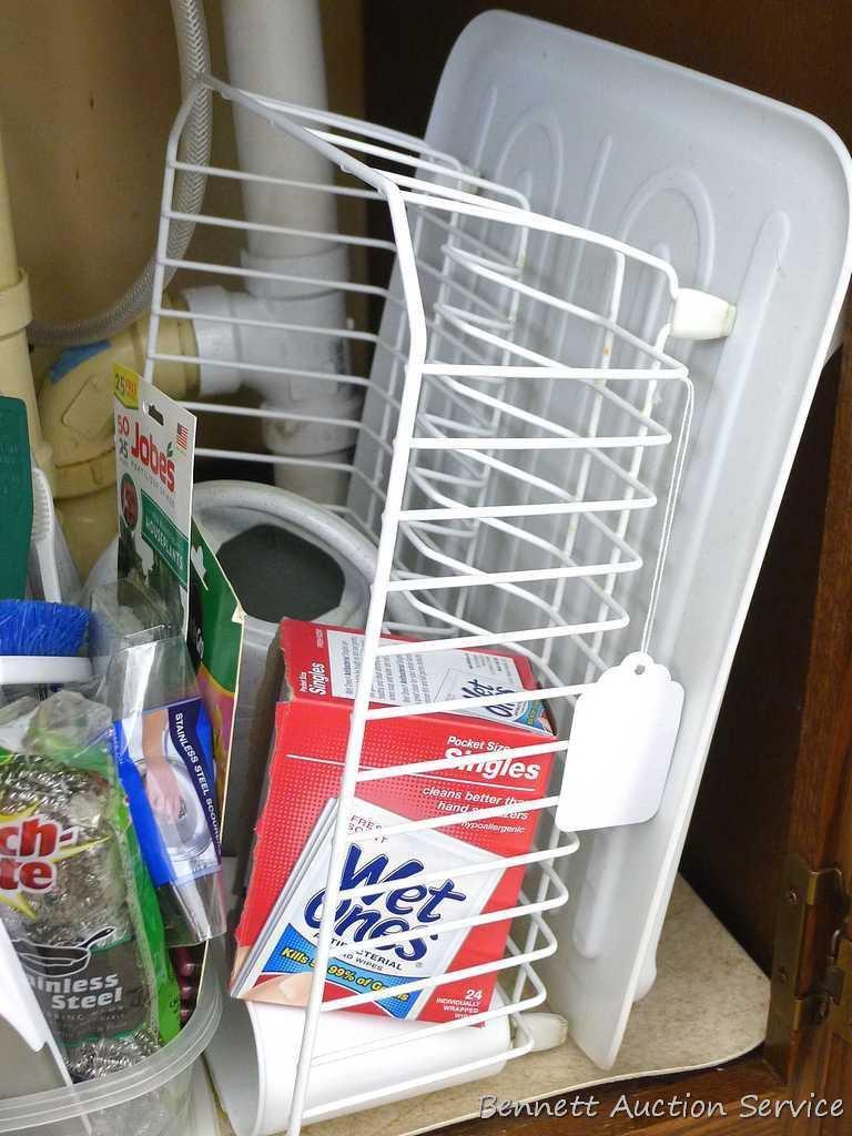 No shipping. Dish rack, plant water can, partial containers of cleaning supplies and more. Cleaners