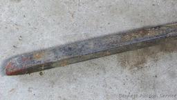 Heavy duty pry bar is 55" long. Handle has a slight bend.