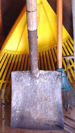 Hand tools including four prong metal fork; spaded shovel with fiberglass handle, flat shovel, hay