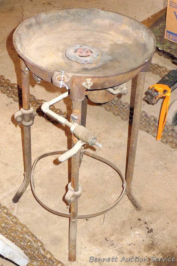 Cast iron blacksmith's forge is 18" diameter and stands 33" tall. Blower had been driven by a flat