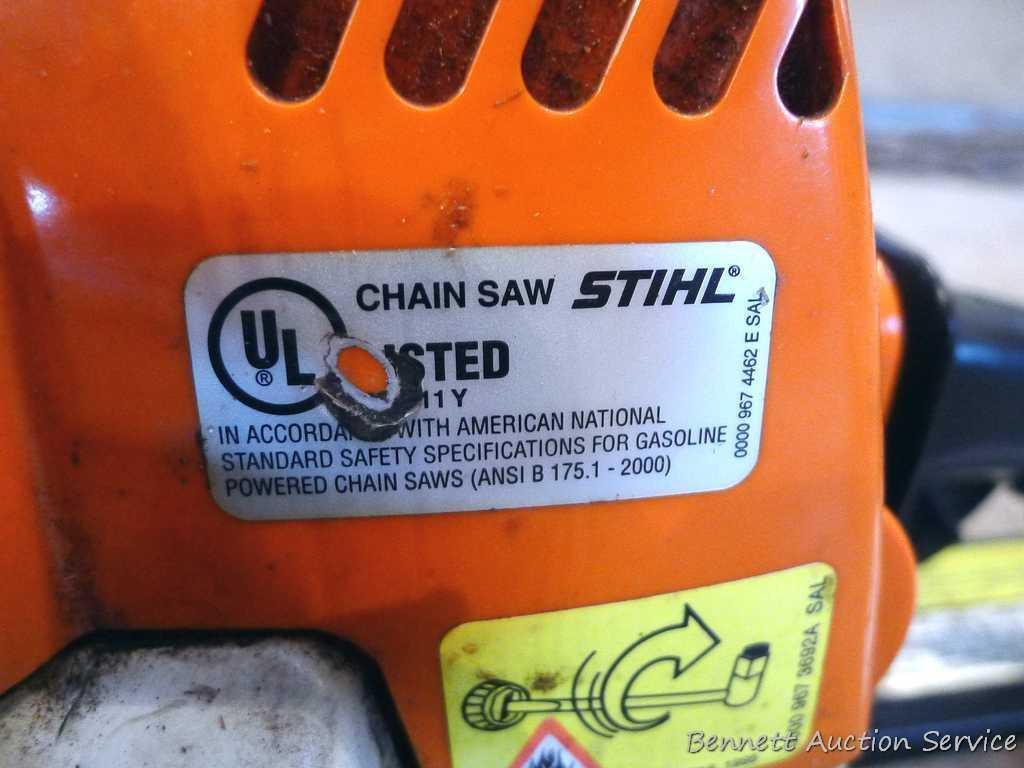 Stihl MS 170 chainsaw with 16" bar, bar cover, manual and wrench. Grip safety was wrapped with tape