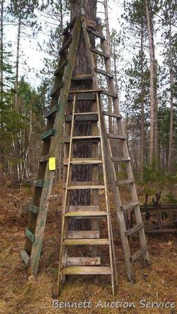 Four wooden ladders including three homemade ladders up to 12', and one 8' folding step ladder.