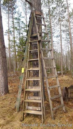 Four wooden ladders including three homemade ladders up to 12', and one 8' folding step ladder.