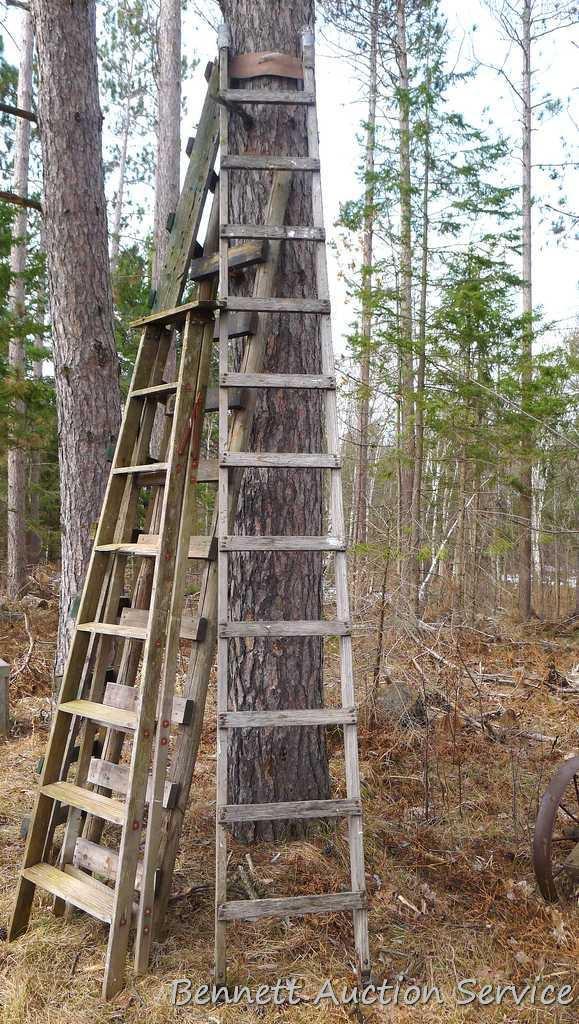 Four wooden ladders including three homemade ladders up to 12', and one 8' folding step ladder.