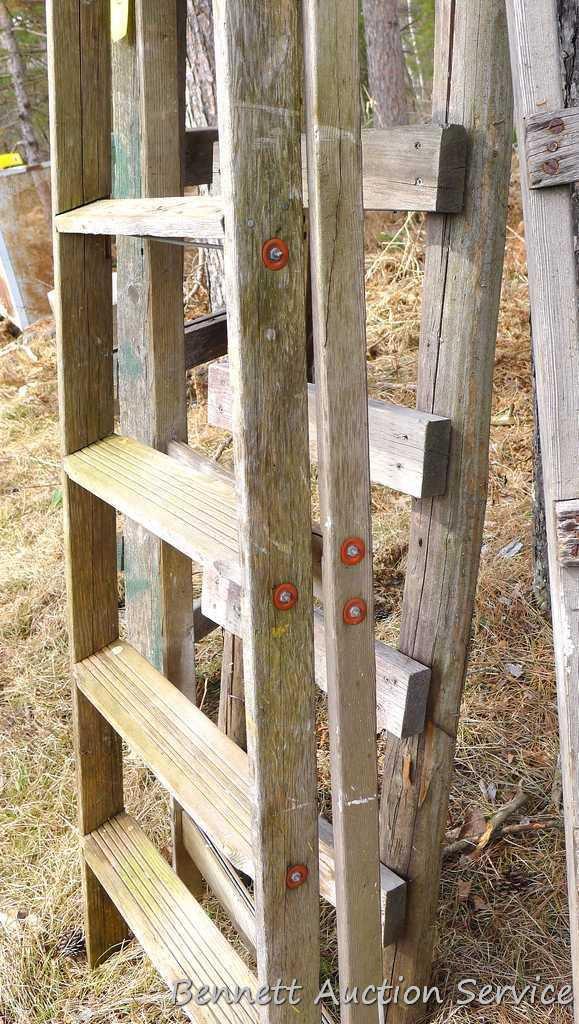 Four wooden ladders including three homemade ladders up to 12', and one 8' folding step ladder.