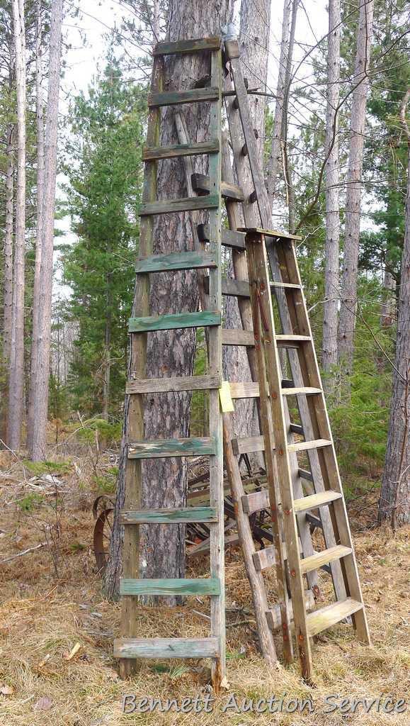 Four wooden ladders including three homemade ladders up to 12', and one 8' folding step ladder.