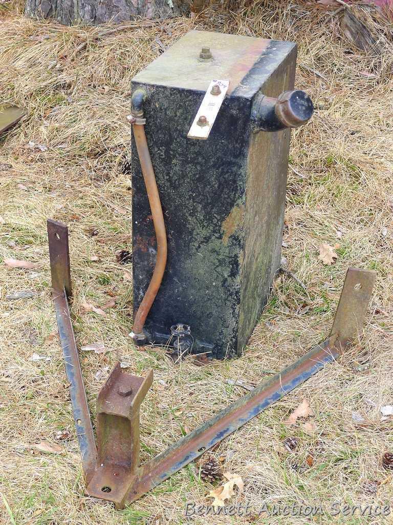 Equipment fuel or oil tank is approx. 26" x 16" x 11" and was mounted vertically. Homemade hitch is