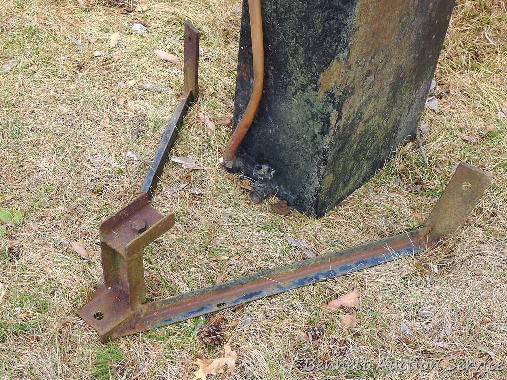 Equipment fuel or oil tank is approx. 26" x 16" x 11" and was mounted vertically. Homemade hitch is