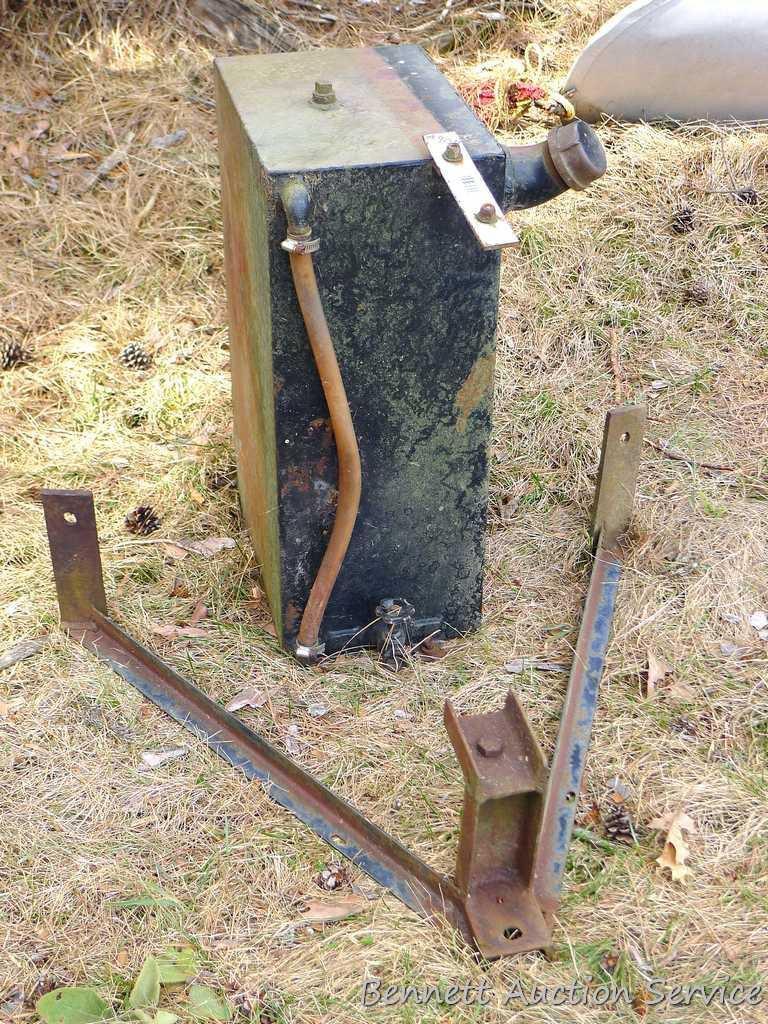 Equipment fuel or oil tank is approx. 26" x 16" x 11" and was mounted vertically. Homemade hitch is