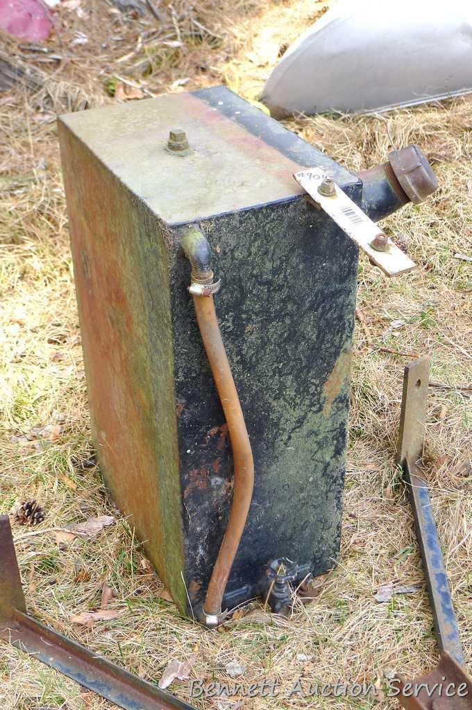 Equipment fuel or oil tank is approx. 26" x 16" x 11" and was mounted vertically. Homemade hitch is