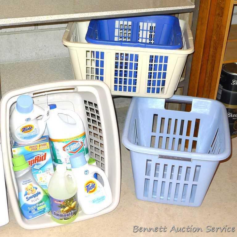 No Shipping. Four laundry baskets and cleaning supplies. Largest laundry basket is 23-1/2" x 18-1/2"
