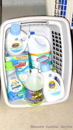 No Shipping. Four laundry baskets and cleaning supplies. Largest laundry basket is 23-1/2" x 18-1/2"