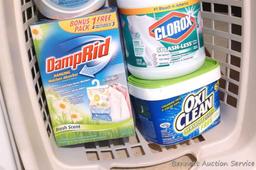 No Shipping. Four laundry baskets and cleaning supplies. Largest laundry basket is 23-1/2" x 18-1/2"