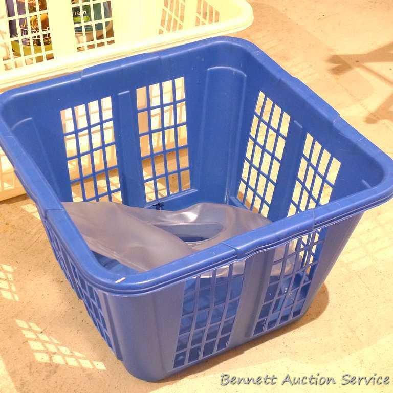 No Shipping. Four laundry baskets and cleaning supplies. Largest laundry basket is 23-1/2" x 18-1/2"