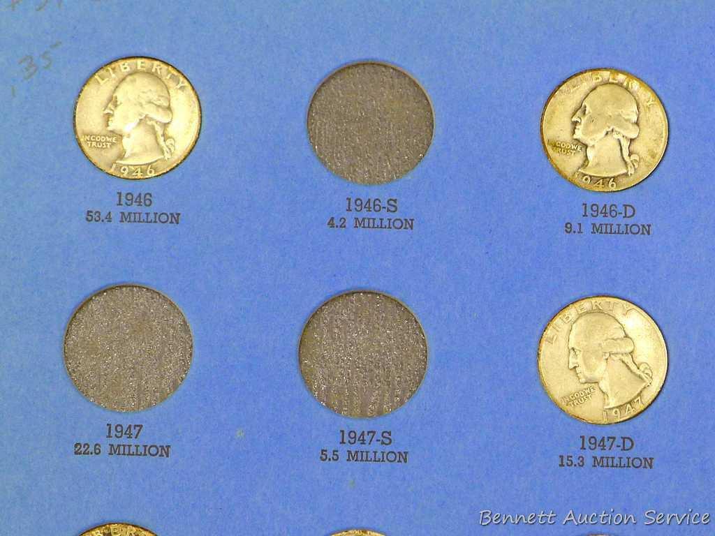 29) Washington silver quarters in a book. Assorted from 1946 to 1959, unverified.
