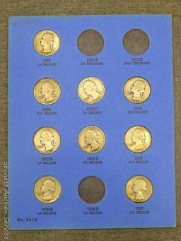 30) Washington silver quarters in a book. Assorted from 1932 to 1945; 1938-S and 1940-D verified,