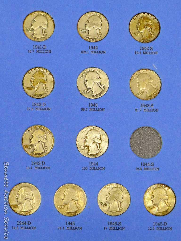 30) Washington silver quarters in a book. Assorted from 1932 to 1945; 1938-S and 1940-D verified,