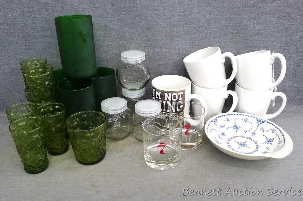 Retro green crinkle glasses, modern Corelle white coffee mugs, shakers with lids, frosted green