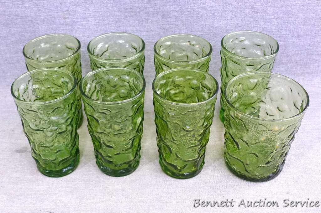 Retro green crinkle glasses, modern Corelle white coffee mugs, shakers with lids, frosted green