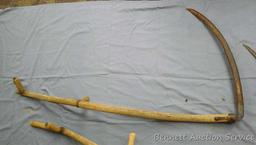 3 Vintage scythes are approx. 5' x 30". One is missing handles and one has a broken tip.