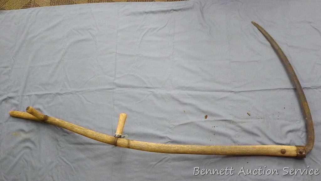 3 Vintage scythes are approx. 5' x 30". One is missing handles and one has a broken tip.