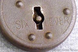 Antique iron padlocks up to 3-1/4" closed. One is marked 'O-K Six Lever' comes with key and works.