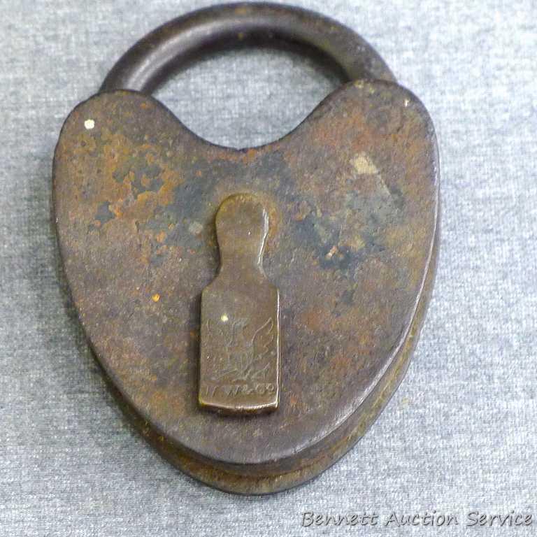 Antique iron padlocks up to 3-1/4" closed. One is marked 'O-K Six Lever' comes with key and works.