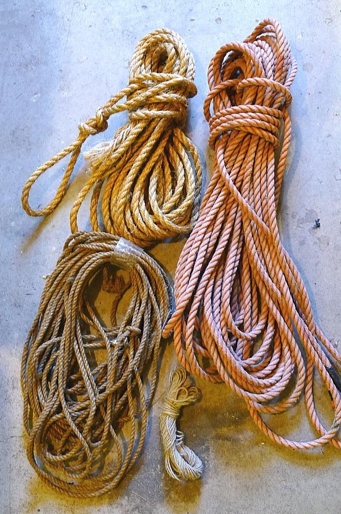 Three hanks of rope up to 1/2" diameter. Two are natural fiber, one is synthetic.