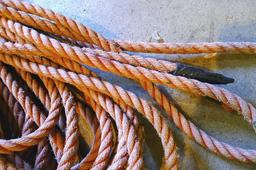 Three hanks of rope up to 1/2" diameter. Two are natural fiber, one is synthetic.