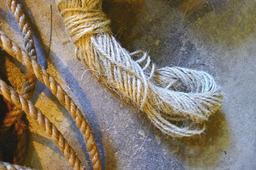 Three hanks of rope up to 1/2" diameter. Two are natural fiber, one is synthetic.