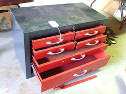 Six drawer lockable metal tool box. Measures 23" x 11" x 13" high. Good condition.