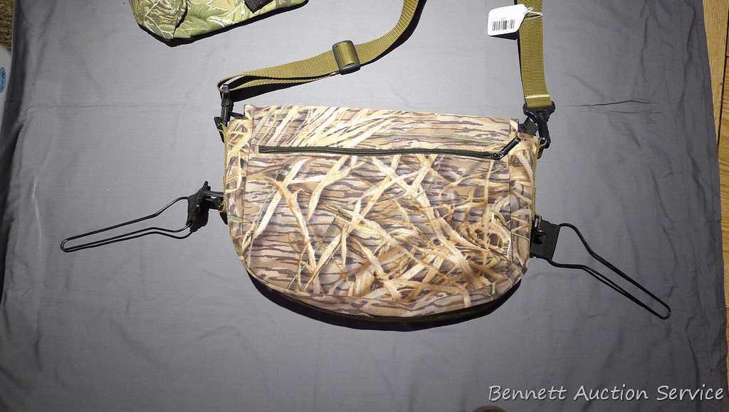 Bucklick Creek turkey hunting vest with foldout seat and side pouches; another camouflage hunting