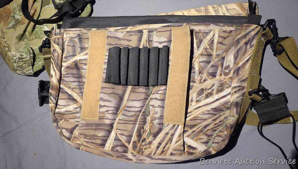 Bucklick Creek turkey hunting vest with foldout seat and side pouches; another camouflage hunting