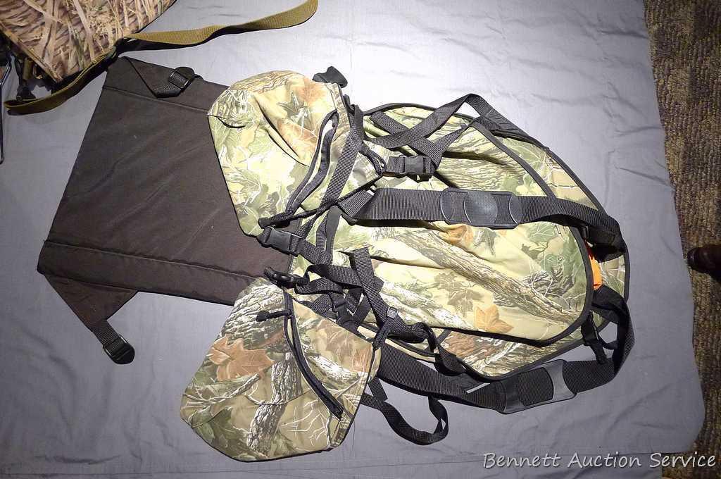 Bucklick Creek turkey hunting vest with foldout seat and side pouches; another camouflage hunting