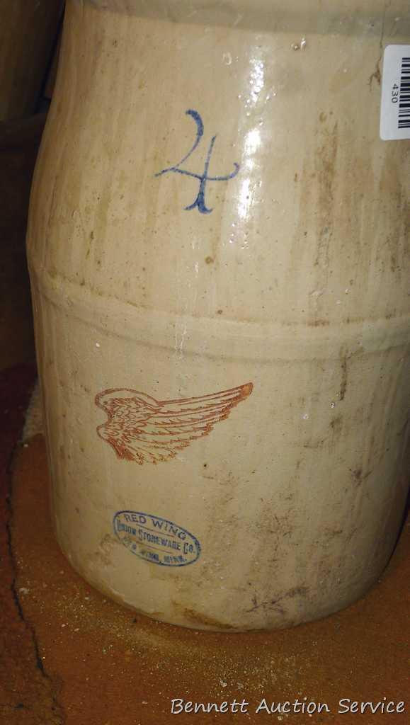 Red Wing 4 gallon butter churn with large wing and nice lid. Will clean up nicely. Appears in good