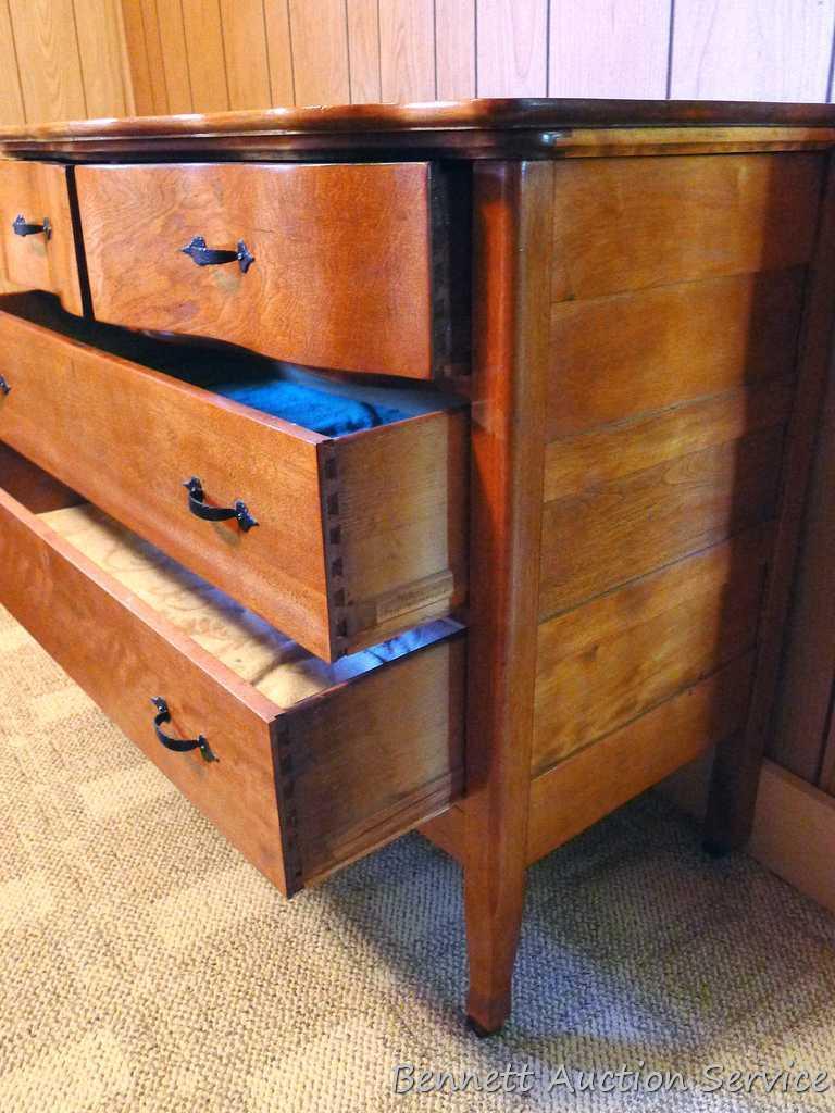 Antique dresser with four drawers and serpentine front is 43" wide x 23" deep x 35" high. Dovetailed