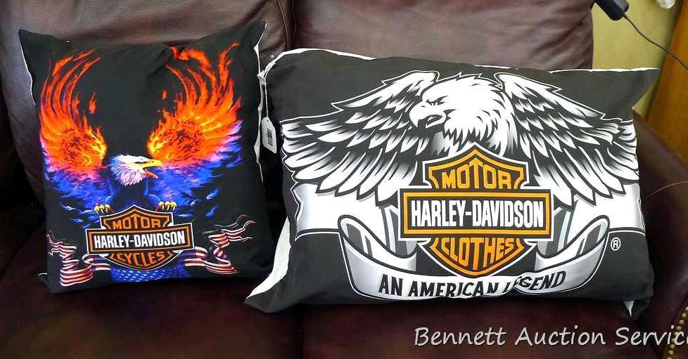 2 Harley Davidson pillows including a bed pillow with case 26" x 18" and 16" x 16" throw pillow.